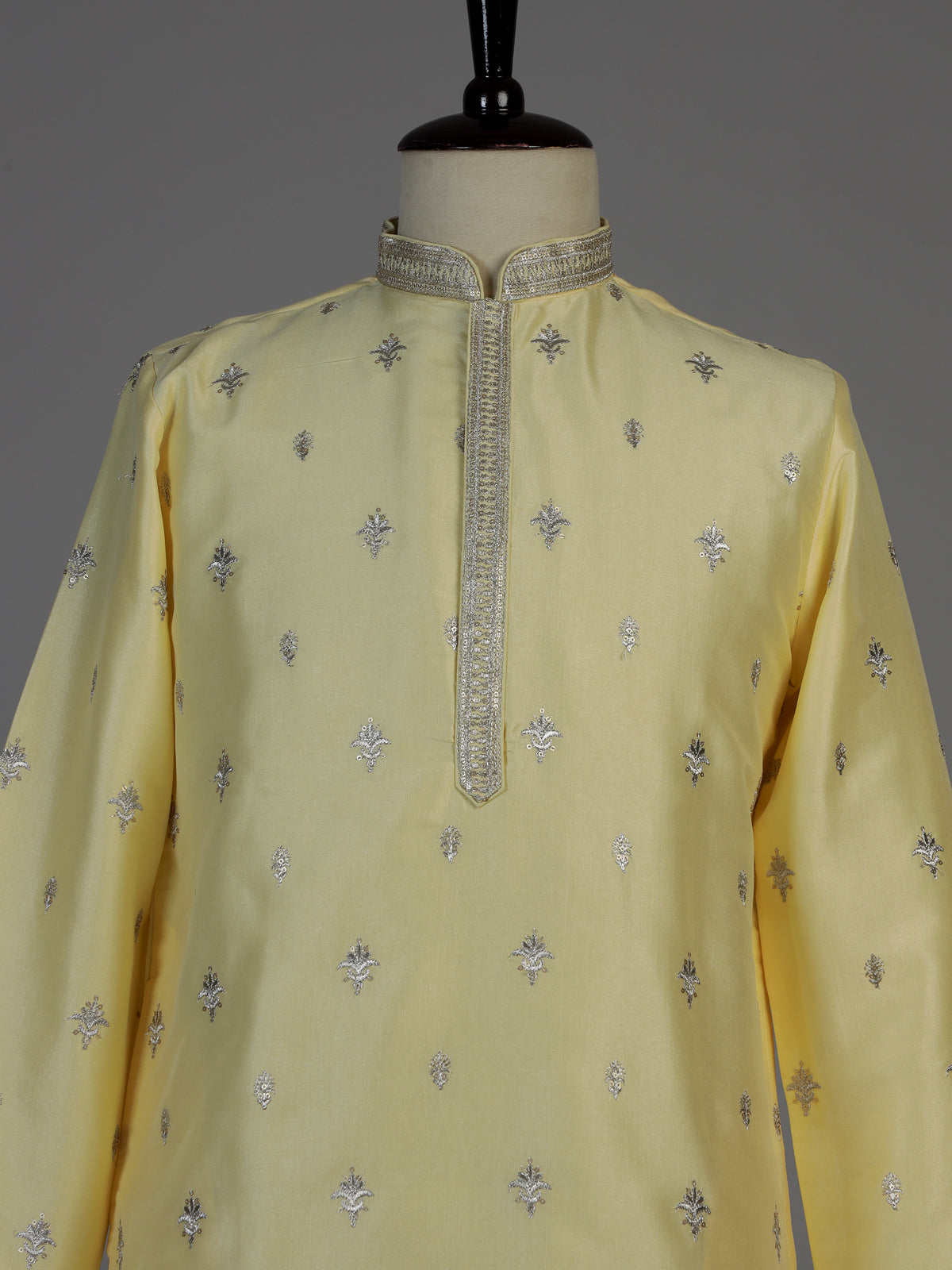 Lemon yellow men silver zari kurta suit