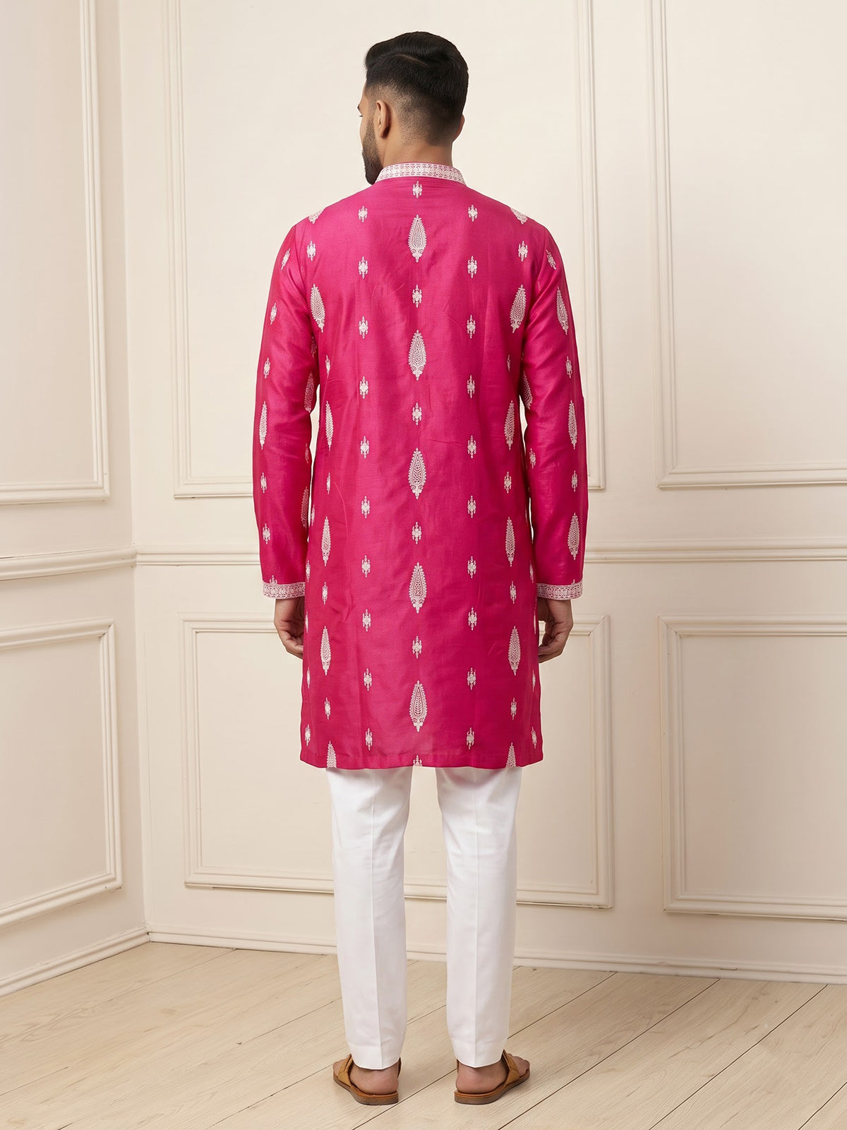 Rani pink men ivory threadwork kurta