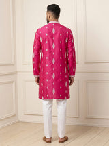 Rani pink men ivory threadwork kurta