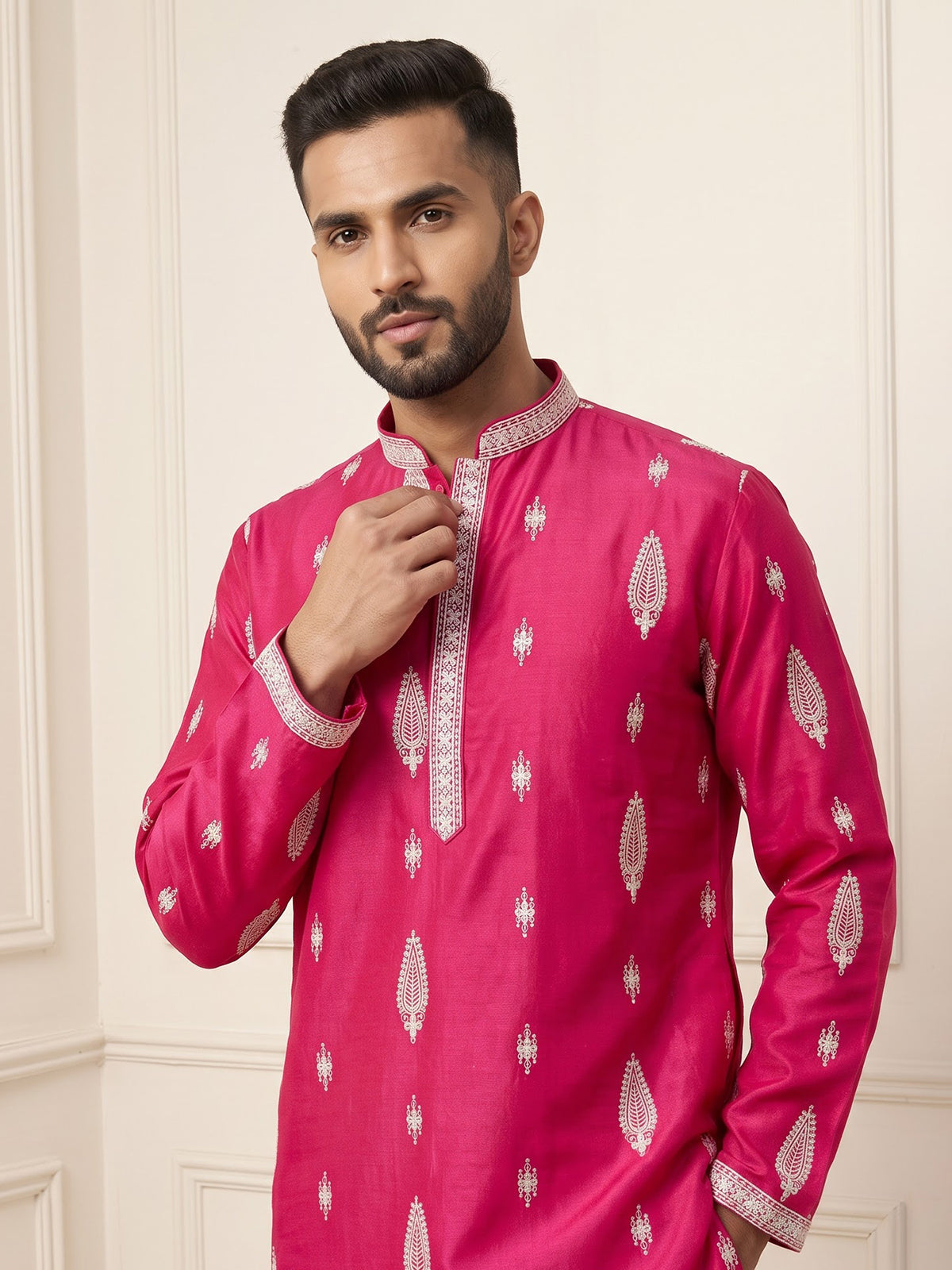Rani pink men ivory threadwork kurta