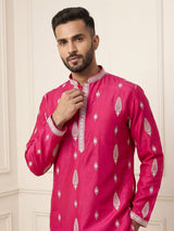 Rani pink men ivory threadwork kurta