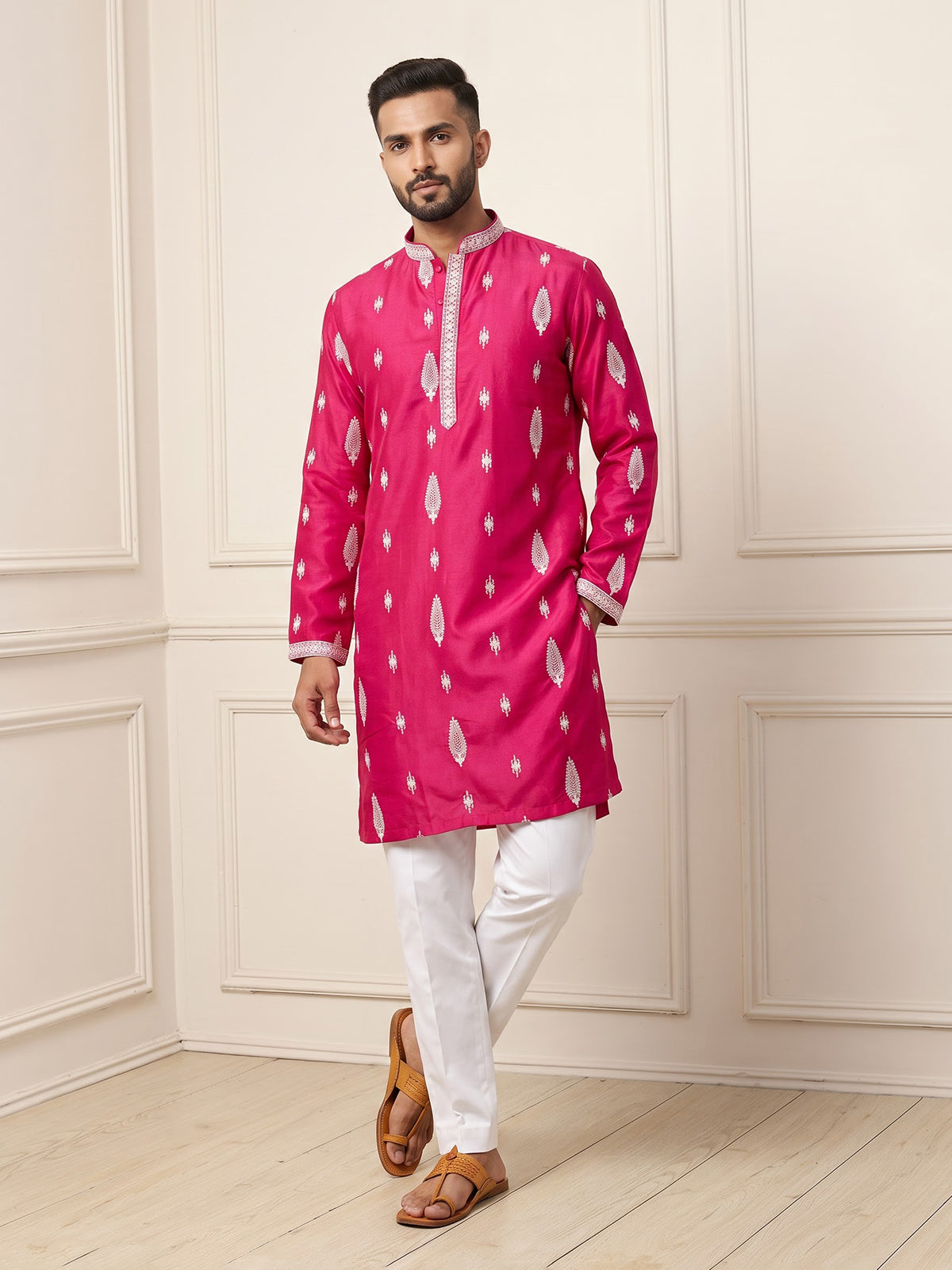 Rani pink men ivory threadwork kurta