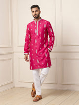 Rani pink men ivory threadwork kurta