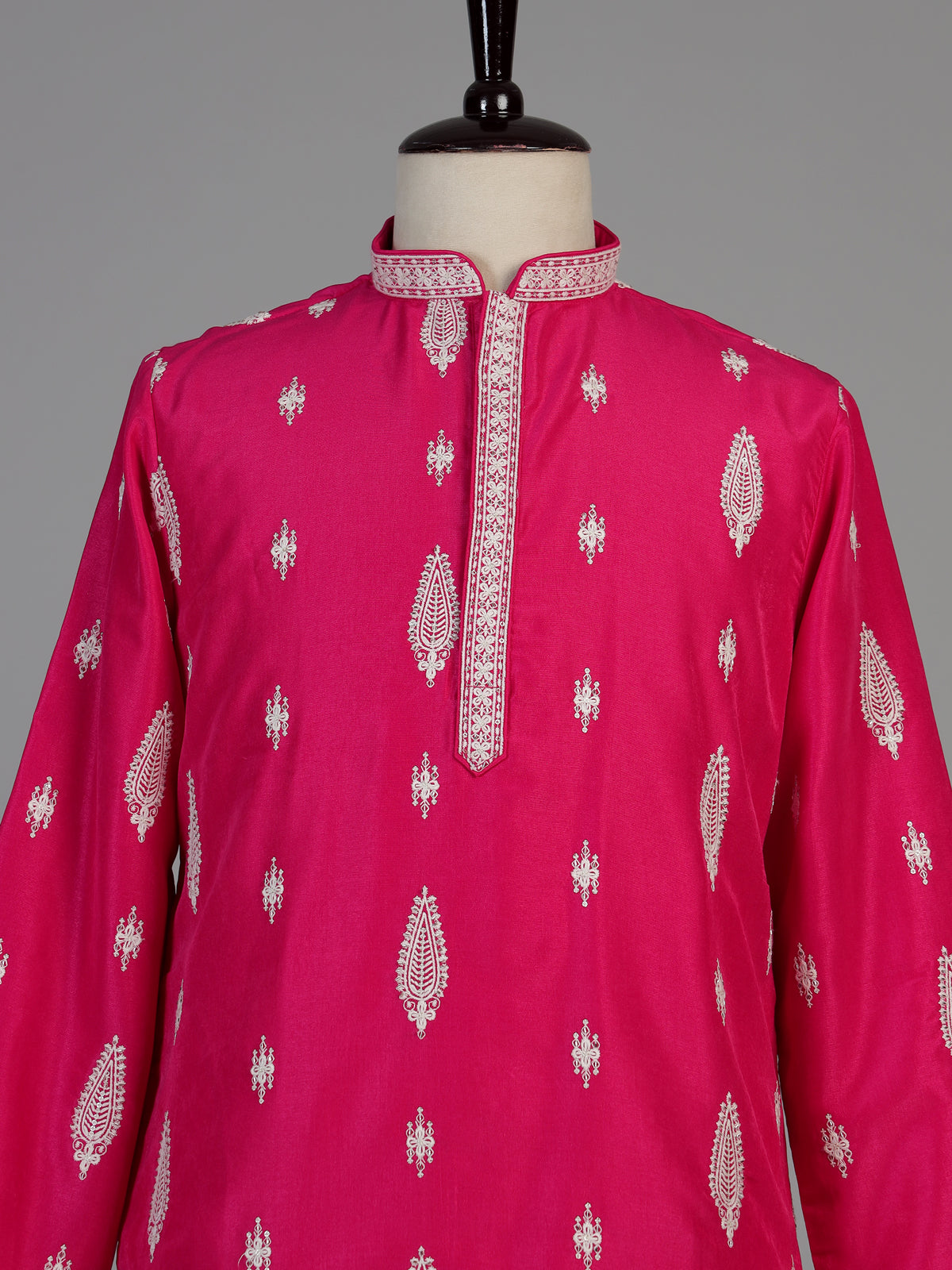 Rani pink men ivory threadwork kurta
