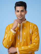 Mustard yellow men embroidered silk kurta suit