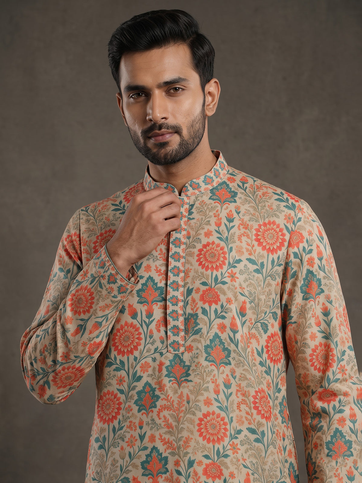 Cream men mughal garden kurta suit