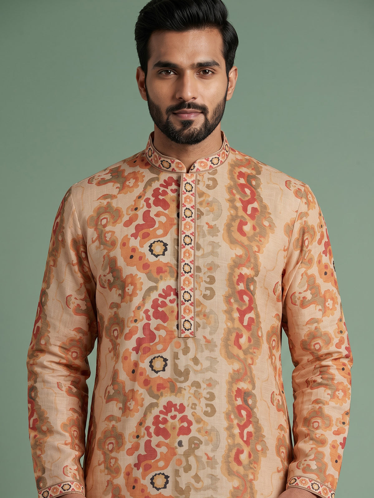 Beige men baroque paisley kurta pajama