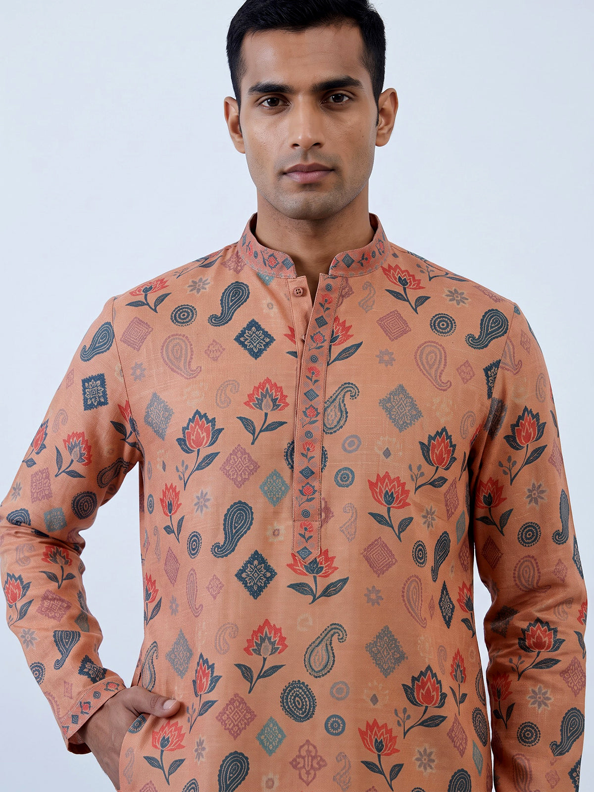 Peach men kalka floral kurta suit