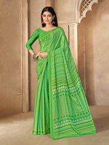 Green crepe silk printed saree with unstitched blouse