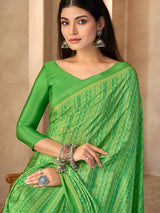 Green crepe silk printed saree with unstitched blouse