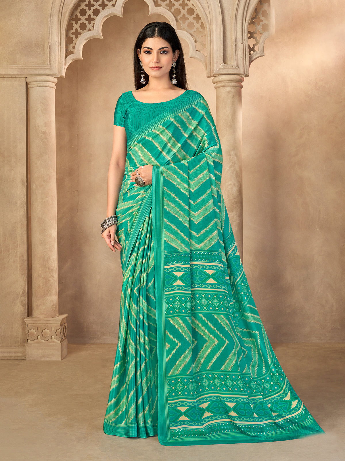 Rama green printed saree in soft crepe silk