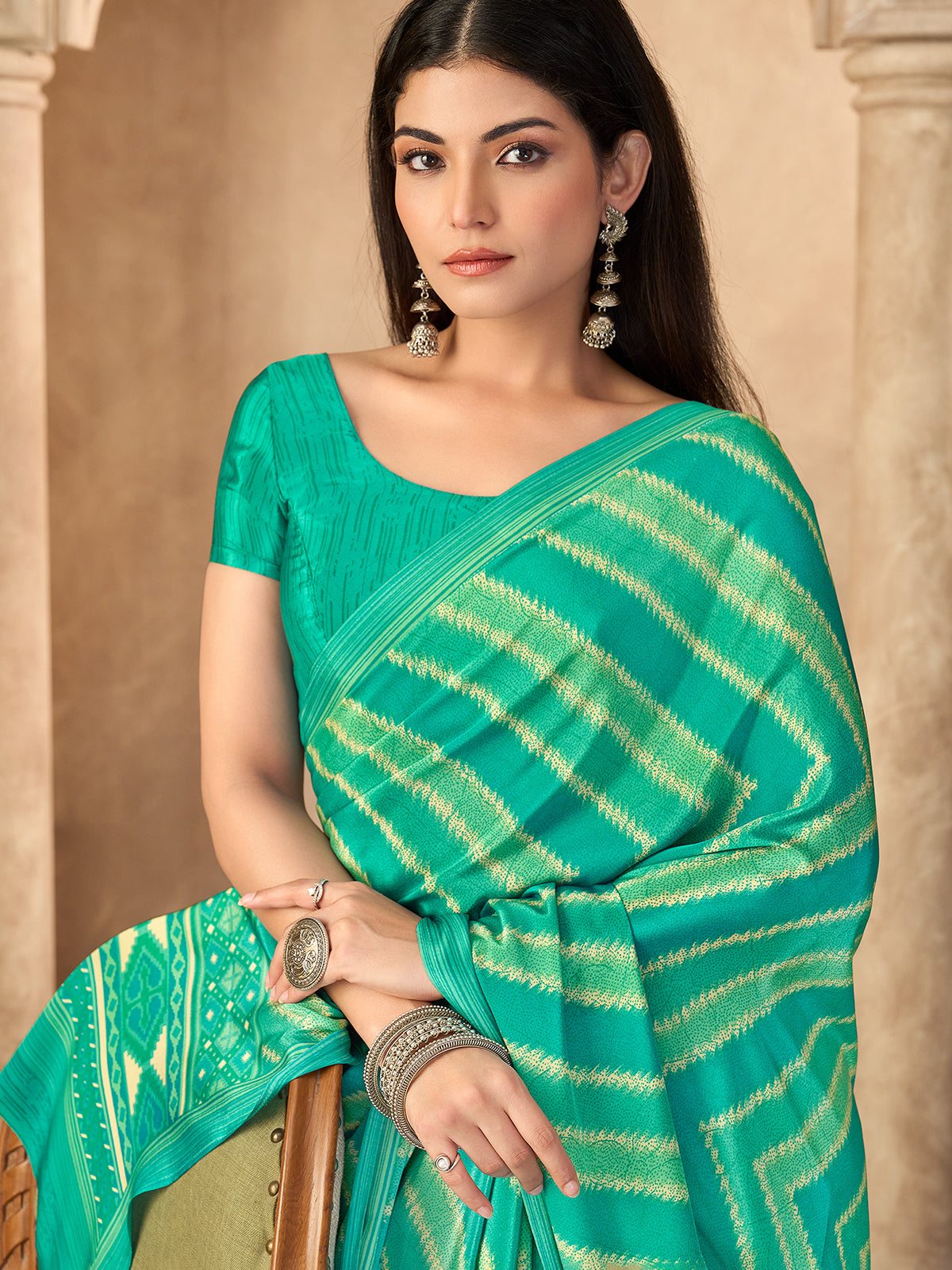 Rama green printed saree in soft crepe silk
