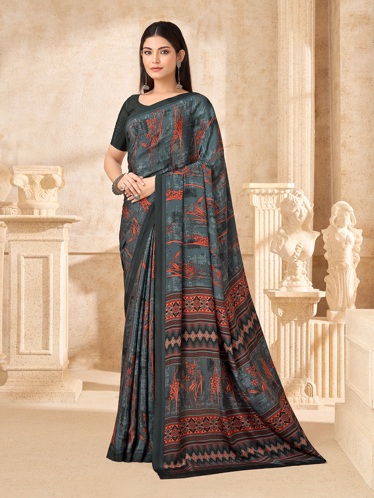 Black abstract printed saree in crepe silk