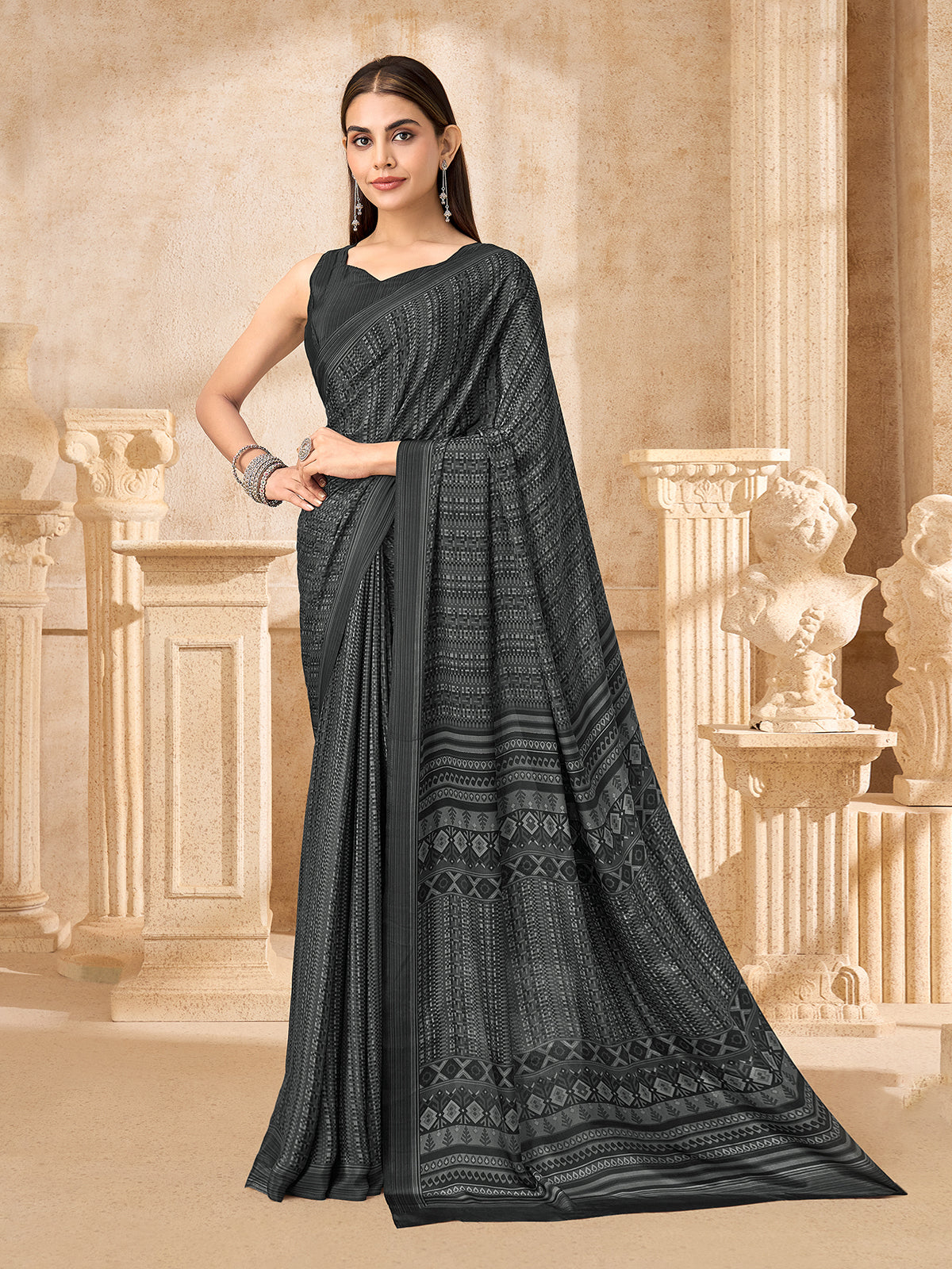 Black geometric printed crepe silk saree