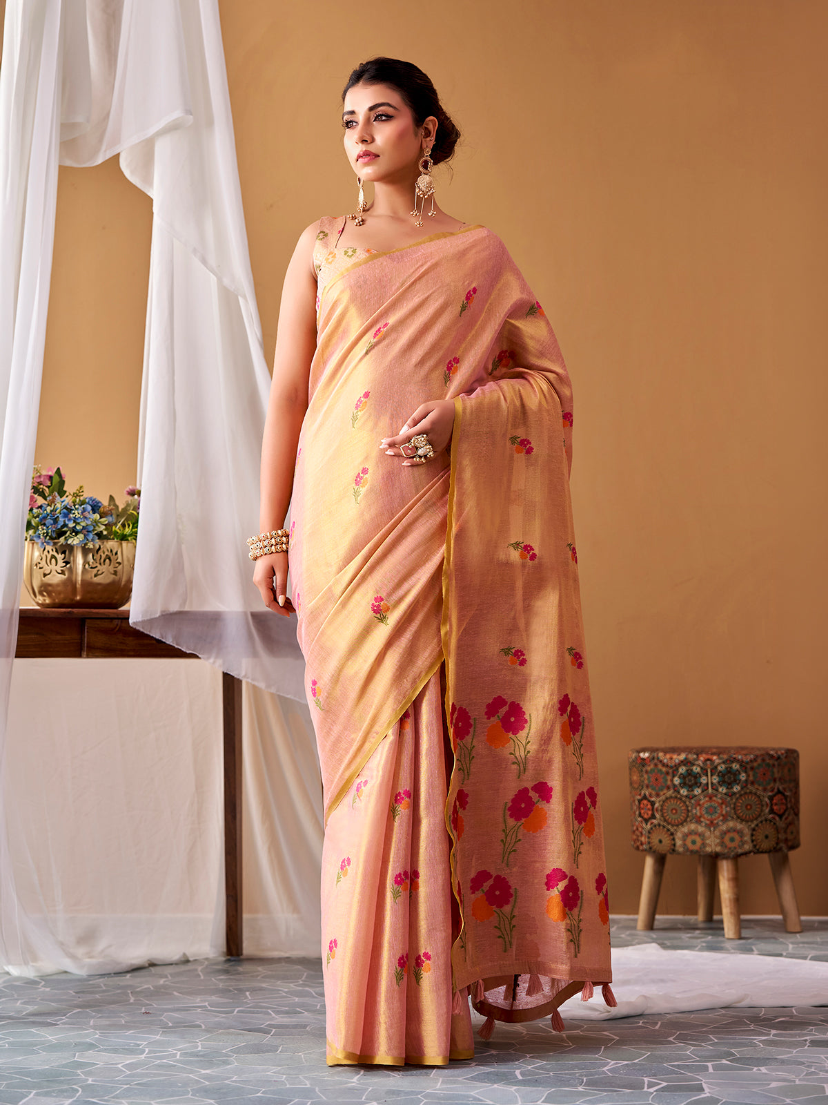 Peach designer tissue silk festive saree