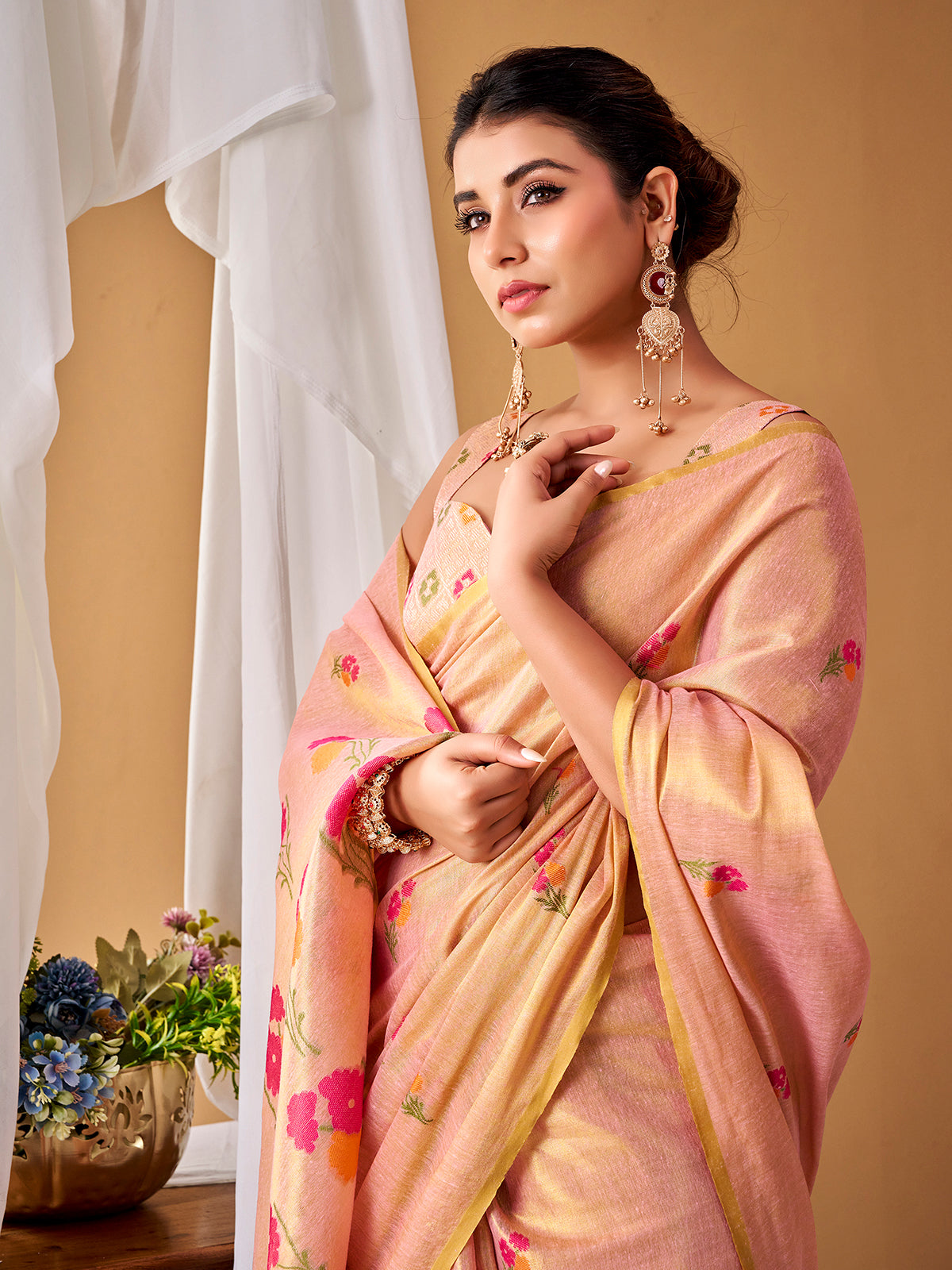 Peach designer tissue silk festive saree