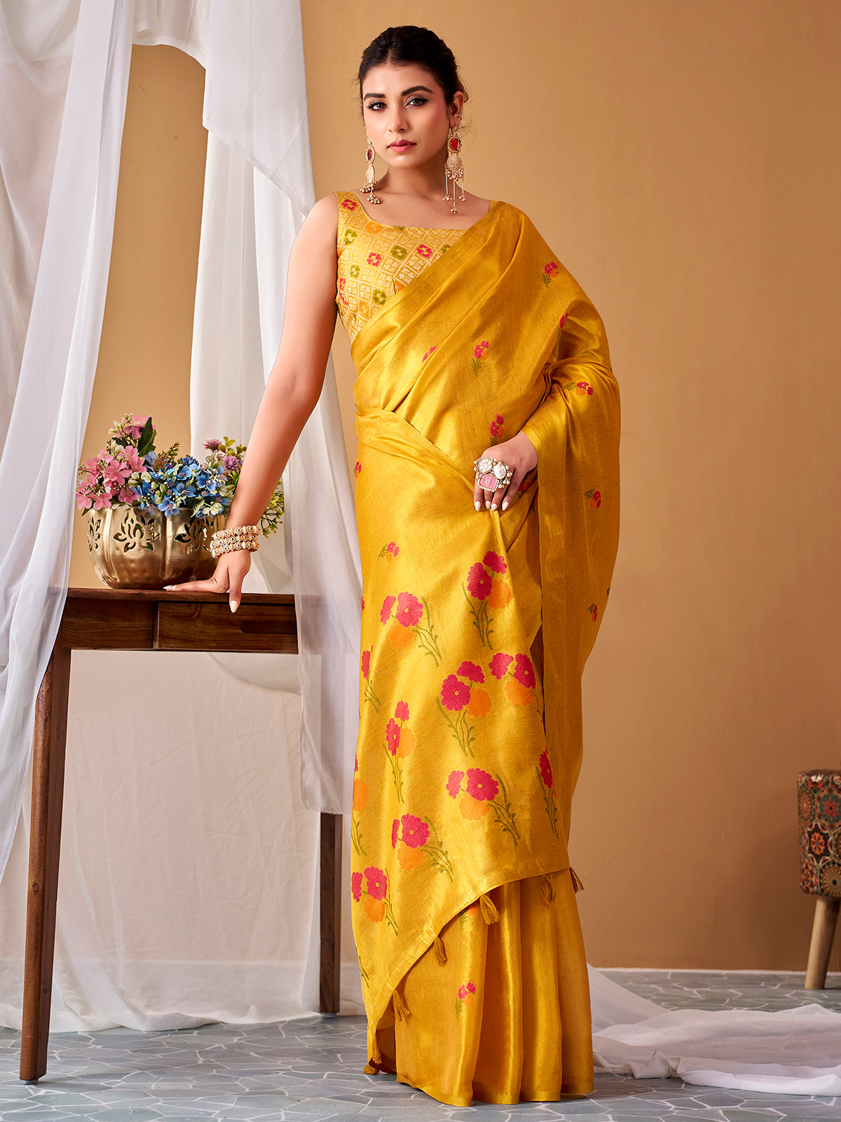 Mustard yellow festive tissue silk saree