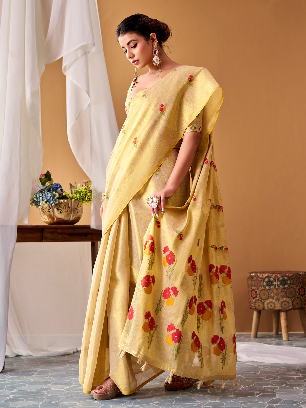 Mehendi light green floral tissue silk saree
