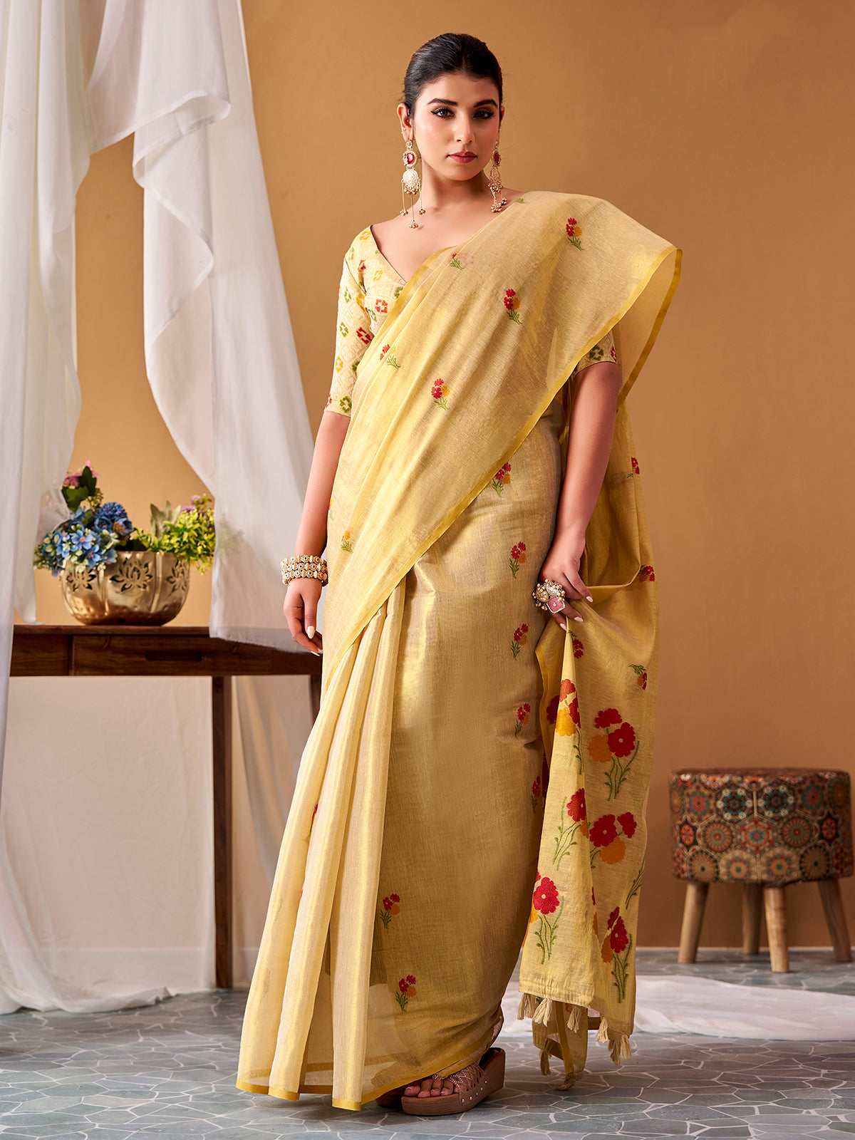 Mehendi light green floral tissue silk saree