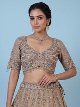 Beige silk lehenga choli with shimmering diamond stone embellishments