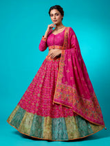 Rani pink silk unstitched lehenga choli with patola artistry