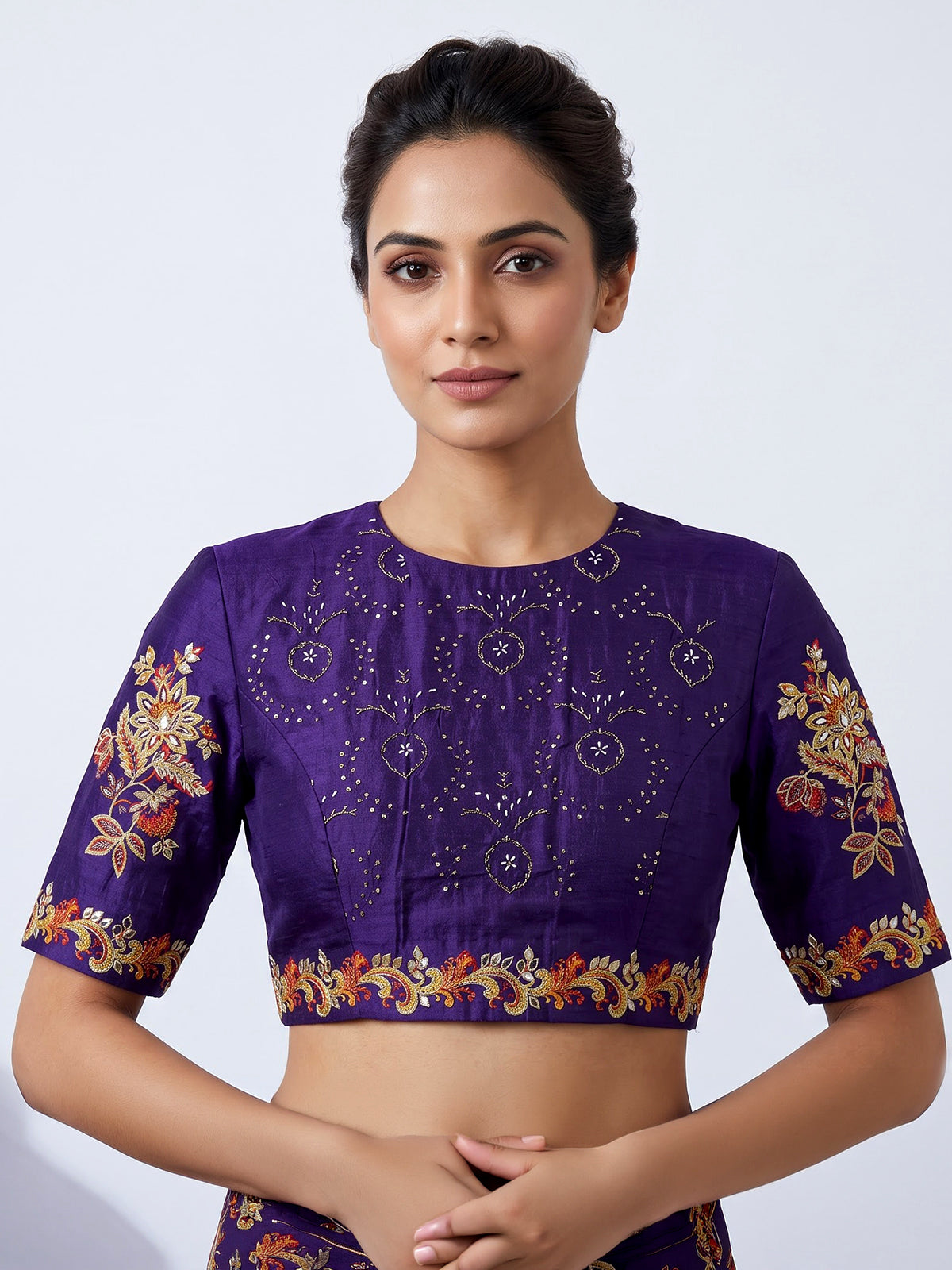 Violet silk unstitched lehenga choli with floral contrast dupatta