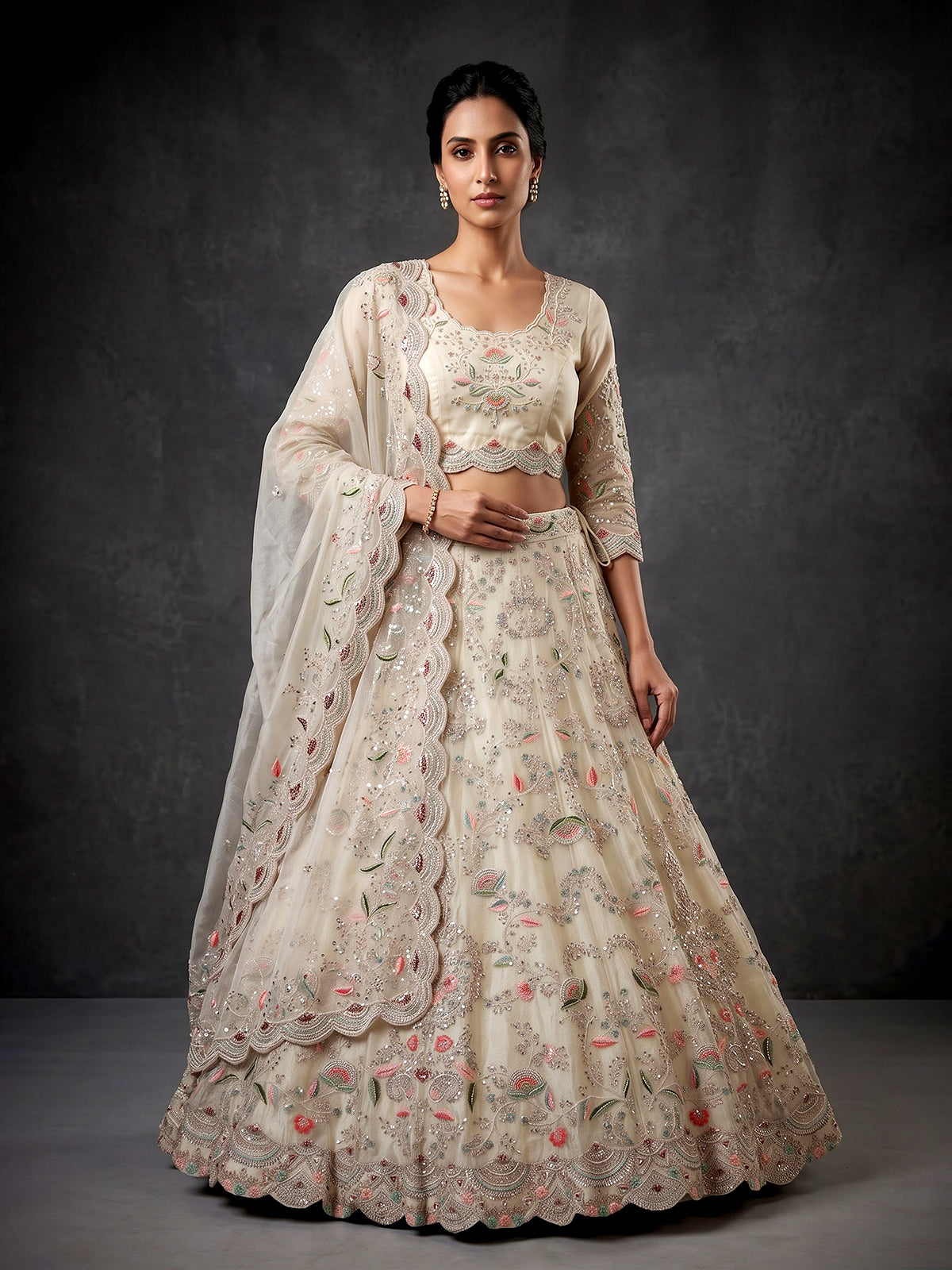 Beige tissue silk unstitched lehenga choli with pearl elegance