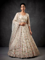 Beige tissue silk unstitched lehenga choli with pearl elegance