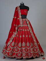 Red raw silk unstitched bridal lehenga choli with double dupattas