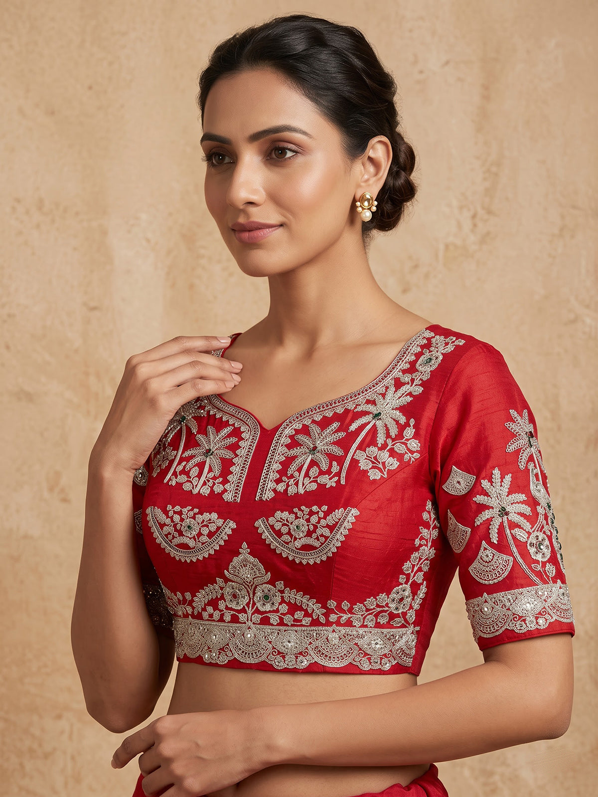 Red raw silk unstitched bridal lehenga choli with peacock artistry