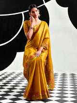 Mustard yellow festive wear tissue silk saree