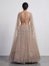 Beige net lehenga choli with pearls diamonds and tassel detailing
