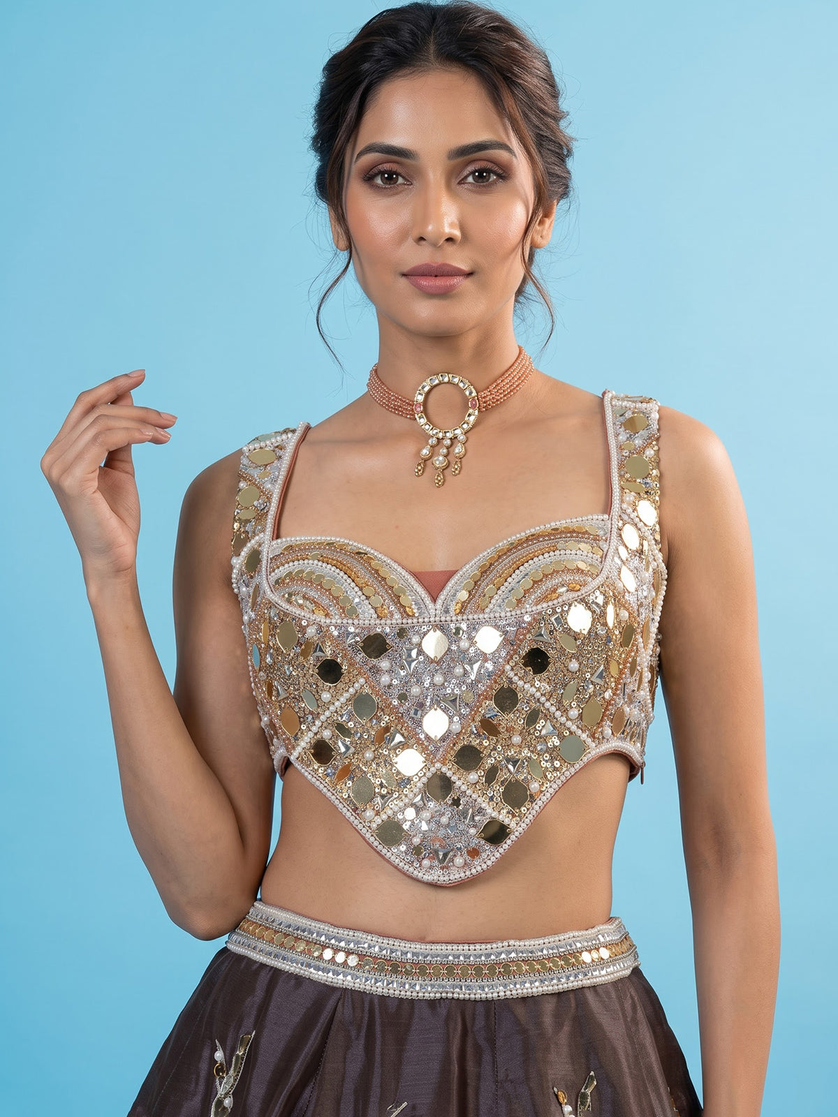 Brown chanderi tissue silk lehenga choli with mirror pearl artistry