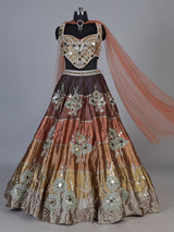 Brown chanderi tissue silk lehenga choli with mirror pearl artistry