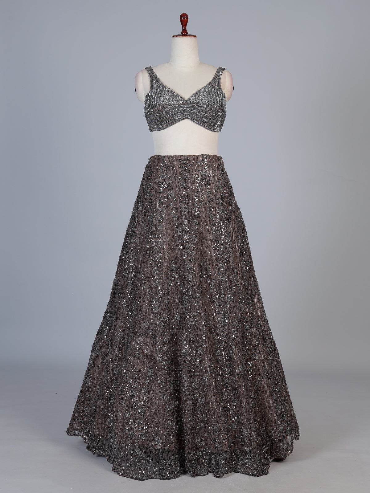 Mauve brown designer net lehenga choli with heavy embellishments