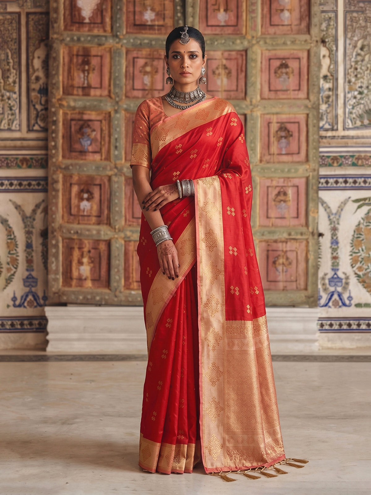 Heritage red woven silk saree for women