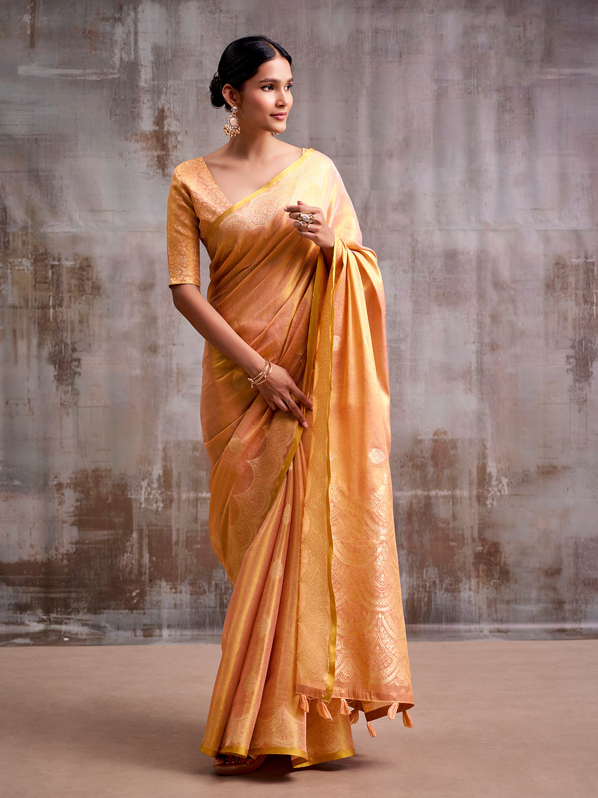 Peach premium festive tissue silk saree women