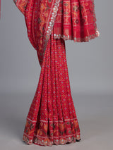 Red soft silk saree with traditional ikat printed zari elegance