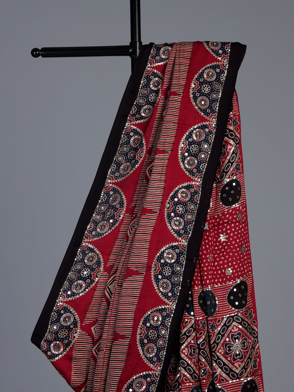 Maroon crepe silk saree with elegant sequin printed artistry