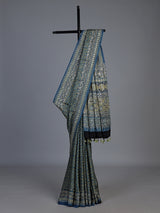 Stone blue crepe silk saree with exquisite printed elegance