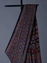 Blue and black crepe silk saree with artistic printed detailing
