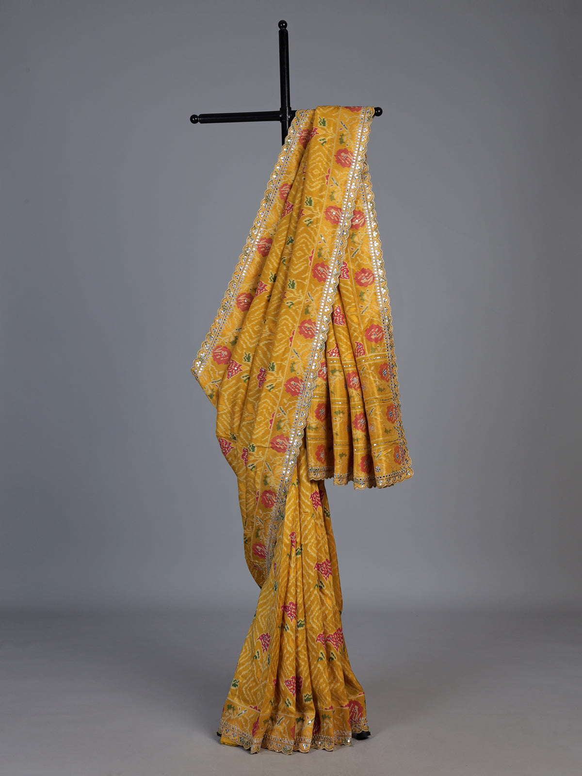 Mustard yellow soft silk saree with bandhani floral contrast elegance