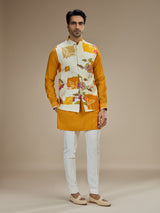 Yellow and white twill silk printed waistcoat set