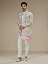 White and pink silk indowestern for men