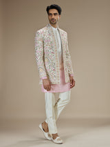 White and pink silk indowestern for men