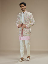 White and pink silk indowestern for men