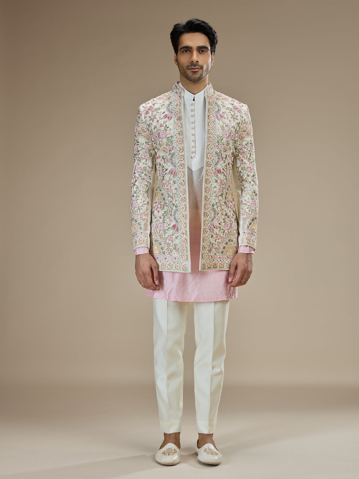 White and pink silk indowestern for men