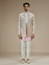 White and pink silk indowestern for men