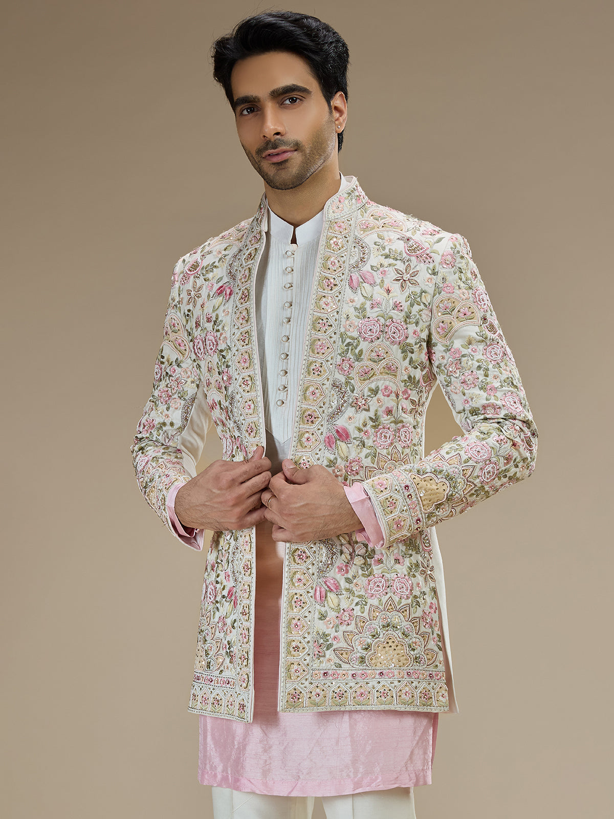 White and pink silk indowestern for men