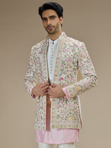 White and pink silk indowestern for men
